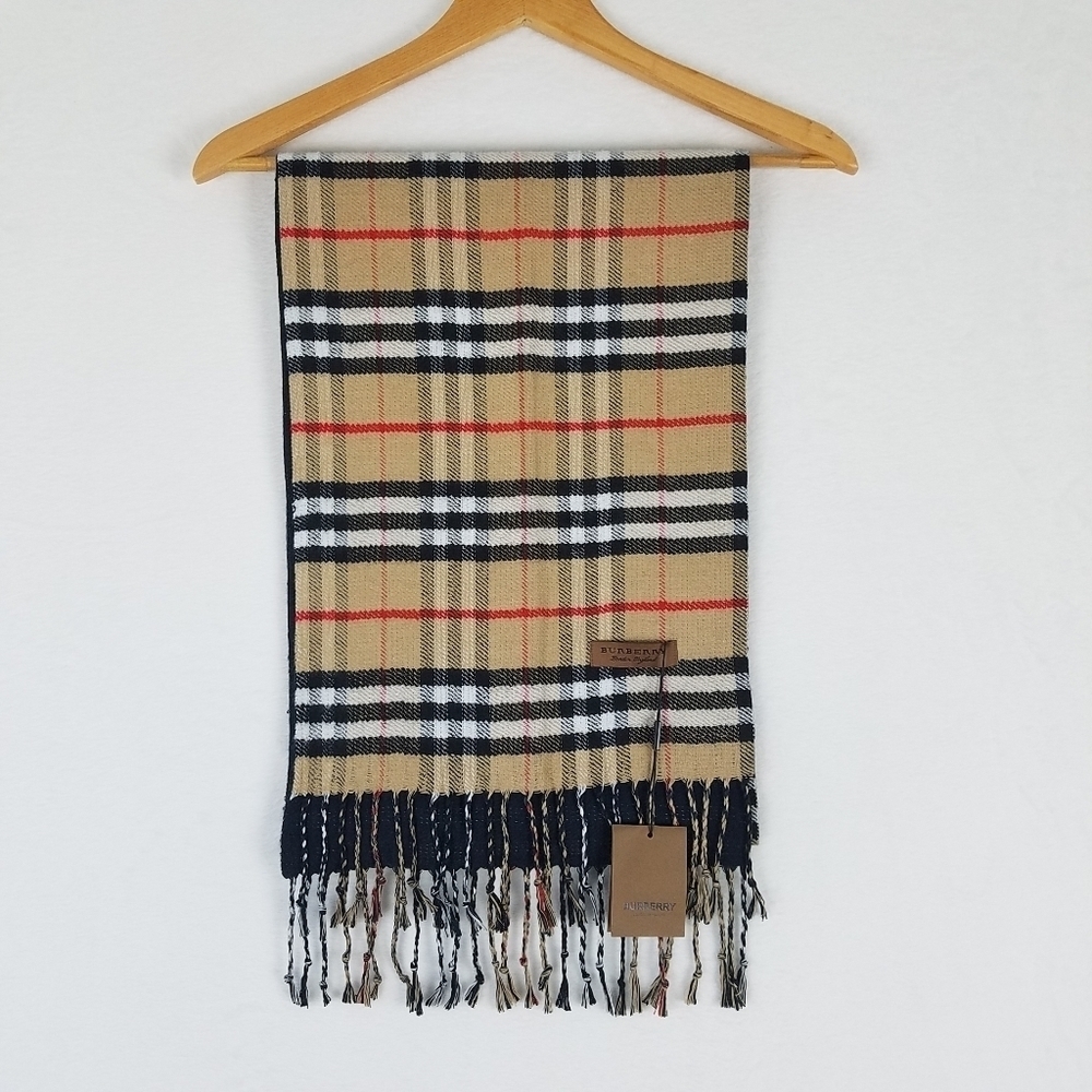 Burberry Cashmere Nova Check Plaid Fringed Scarf
